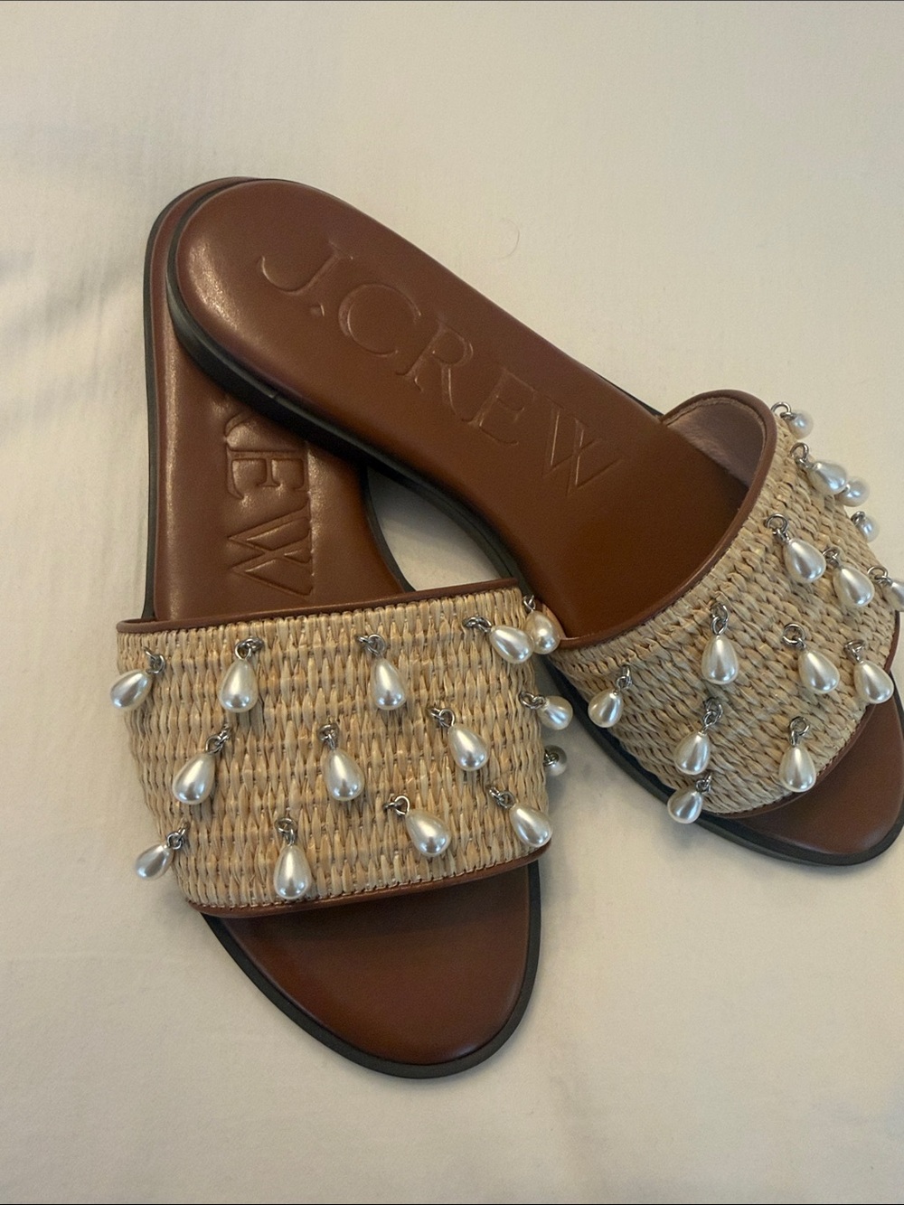 J. Crew Brown Woven Slide Sandals with Pearl Teardrop Accents
